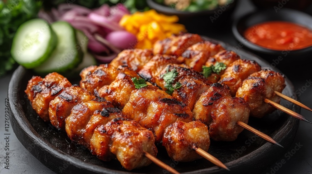 Grilled Chicken Skewers with Fresh Garnishes and Barbecue Sauce on a Dark Plate. Generative AI Grilled Chicken Skewers with Fresh Garnishes and Barbecue Sauce on a Dark Plate. Generative AI