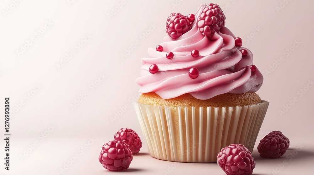 Delicious raspberry cupcake with pink frosting and sugar pearls on light background Delicious raspberry cupcake with pink frosting and sugar pearls on light background
