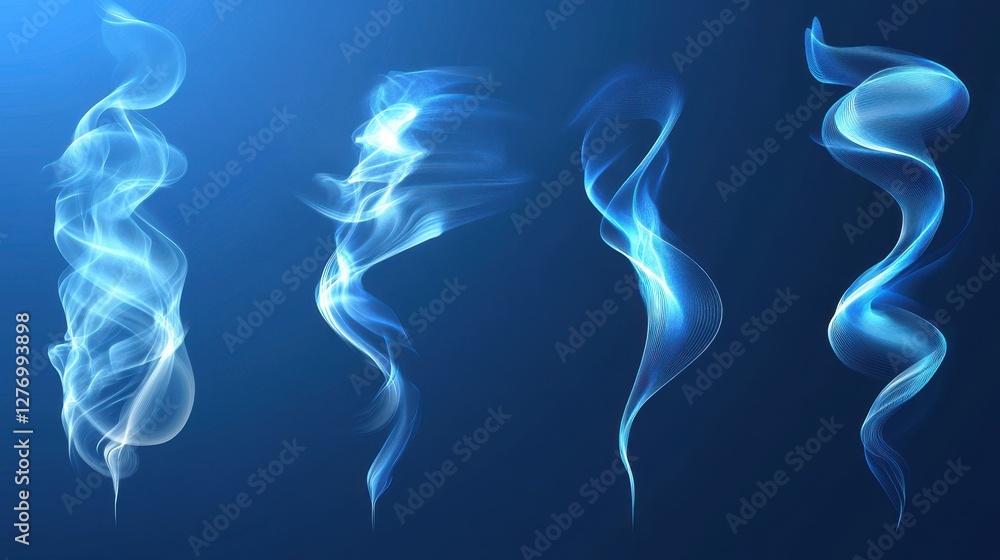 Ethereal blue wisps of smoke or abstract light trails on dark background Ethereal blue wisps of smoke or abstract light trails on dark background