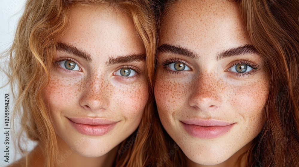 A warm and inviting close-up of two smiling friends with freckles, highlighting their natural beauty and connection in a soft, light-filled environment, representing friendship and joy. A warm and inviting close-up of two smiling friends with freckles, highlighting their natural beauty and connection in a soft, light-filled environment, representing friendship and joy.