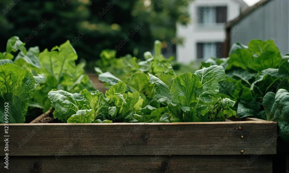 A vibrant display of fresh leafy greens in a well-structured wooden garden planter, representing the beauty and abundance of nature in our daily lives. A vibrant display of fresh leafy greens in a well-structured wooden garden planter, representing the beauty and abundance of nature in our daily lives.