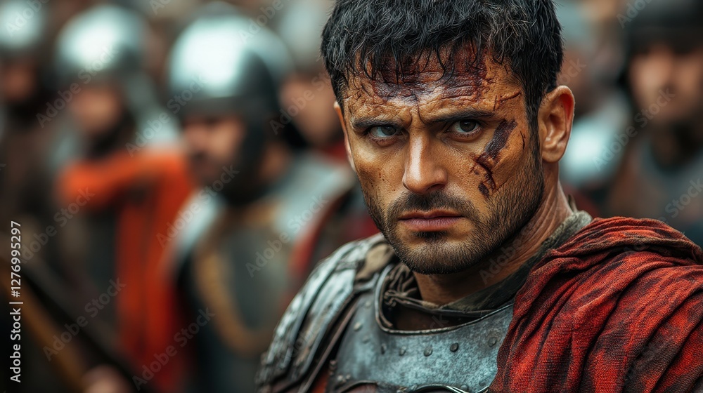 Determined warrior with scarred face leading knights in battle-ready armor Determined warrior with scarred face leading knights in battle-ready armor