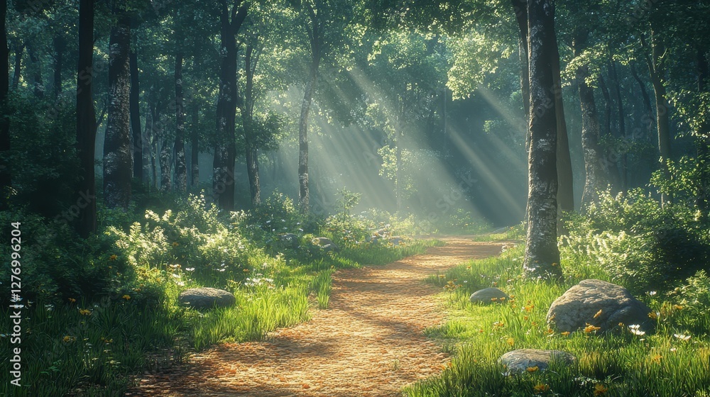 Naklejka premium Sunlit forest path with lush greenery and dappled sunlight in serene woodland setting