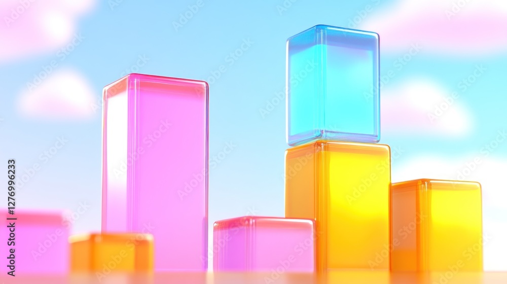 Abstract transparent cubes on yellow podium, with dreamy sky. Business growth symbol Abstract transparent cubes on yellow podium, with dreamy sky. Business growth symbol