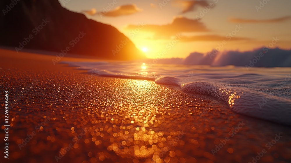 Golden sunset beach waves on the shoreline Golden sunset beach waves on the shoreline