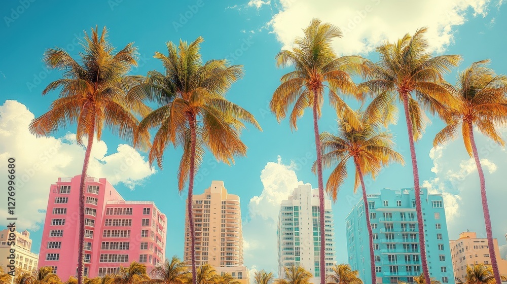 Obraz premium Vibrant art deco architecture with palm trees under a bright blue sky in miami beach