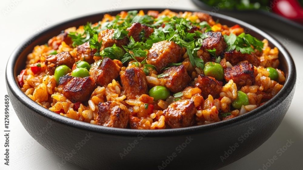 Savory Rice with Grilled Meat and Green Peas. Generative AI Savory Rice with Grilled Meat and Green Peas. Generative AI