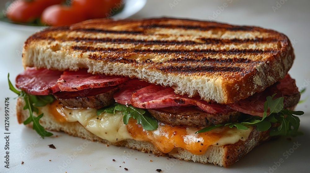 Grilled Sandwich with Salami Cheese and Arugula. Generative AI Grilled Sandwich with Salami Cheese and Arugula. Generative AI