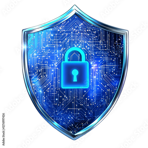 Cybersecurity Shield with Lock Icon – Digital Data Protection, Network Security