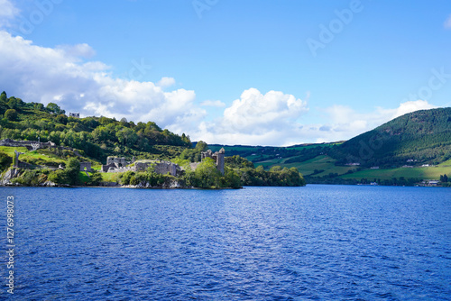 Loch Ness and Urquhart Castle in the Scottish highlands	
