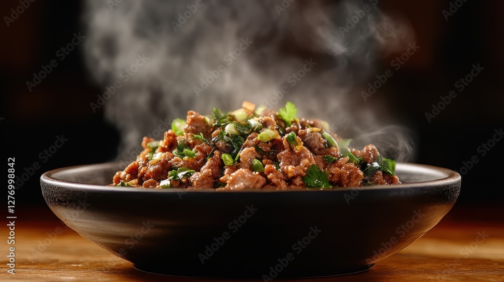 A mouthwatering bowl of stir-fried meat topped with fresh herbs and garnished with green onions, emitting steam in a beautifully styled presentation against a dark background. A mouthwatering bowl of stir-fried meat topped with fresh herbs and garnished with green onions, emitting steam in a beautifully styled presentation against a dark background.