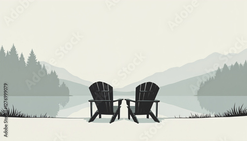 Minimalist Adirondack chairs by the lake, serene mood, elegant design, nature silhouette