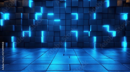 Fototapeta Naklejka Na Ścianę i Meble -  Glowing blue light in futuristic cube wall with reflective floor