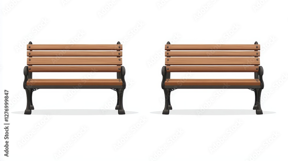 Two wooden benches with black metal frame on white background