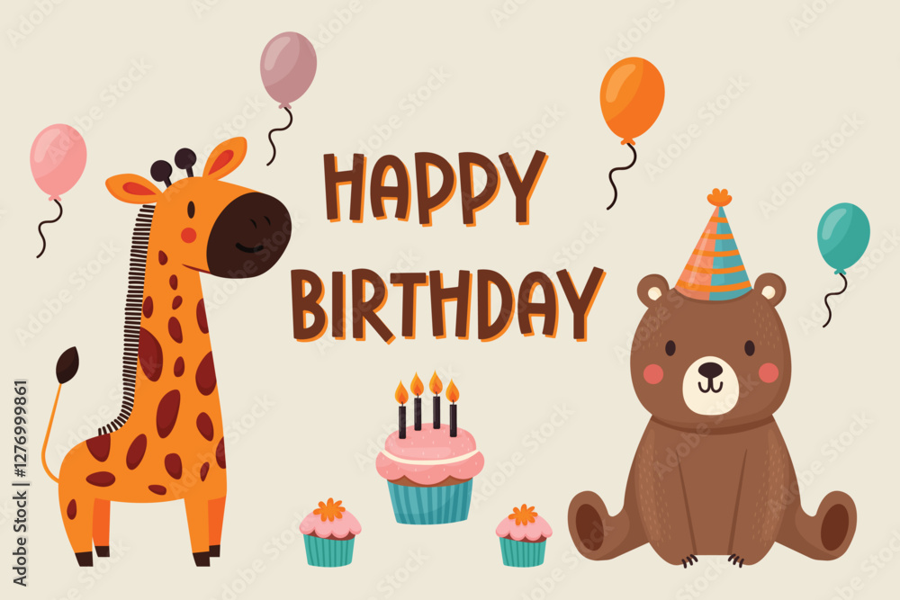 Naklejka premium Happy Birthday card with cute bear and giraffe flat vector illustration