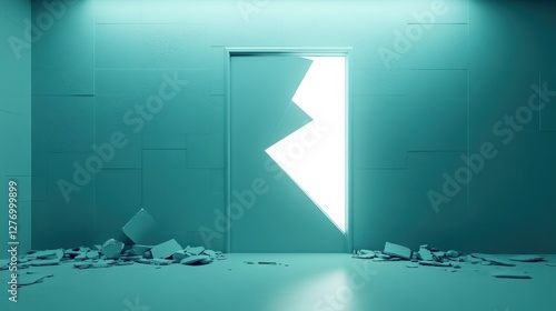 A futuristic, broken door illuminated by teal light, surrounded by scattered debris on the floor