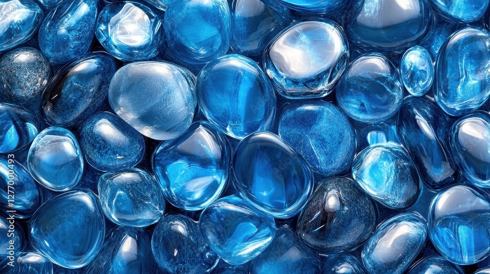 Shiny blue pebbles background with reflective glass stones Shiny blue pebbles background with reflective glass stones