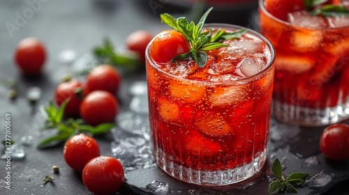 Wallpaper Mural Fizzy Cherry Drink with Fresh Herbs and Ice in a Glass on Slate. Generative AI Torontodigital.ca