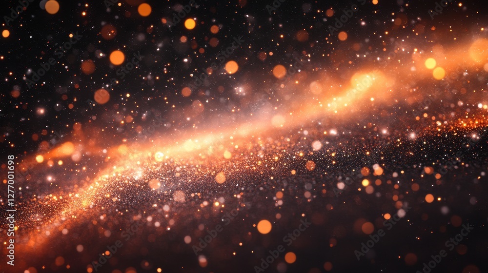 Sparkling cosmic dust with glowing orange and gold lights in dark space Sparkling cosmic dust with glowing orange and gold lights in dark space