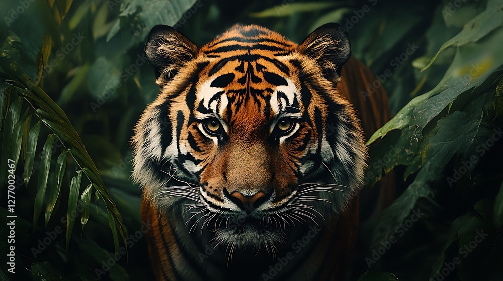 A tiger prowling through its jungle habitat A tiger prowling through its jungle habitat