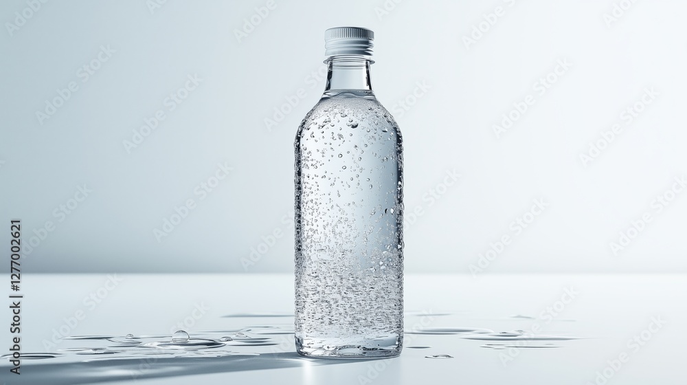 Crystal water bottle dripping with condensation, resting on reflective wet surface near stark white background Crystal water bottle dripping with condensation, resting on reflective wet surface near stark white background