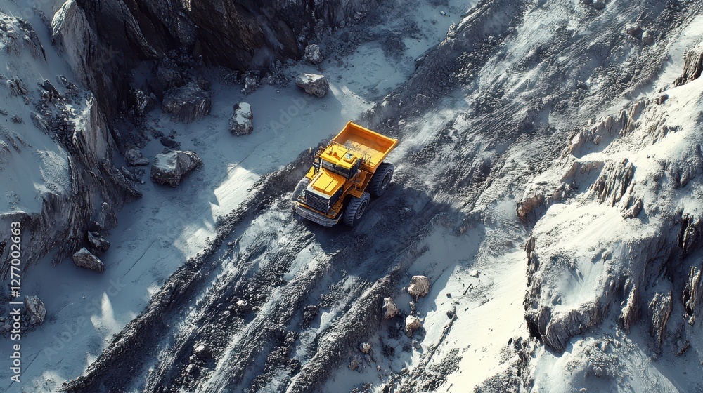 Large yellow dump truck navigating a snowy quarry path with rocks and rugged terrain Large yellow dump truck navigating a snowy quarry path with rocks and rugged terrain