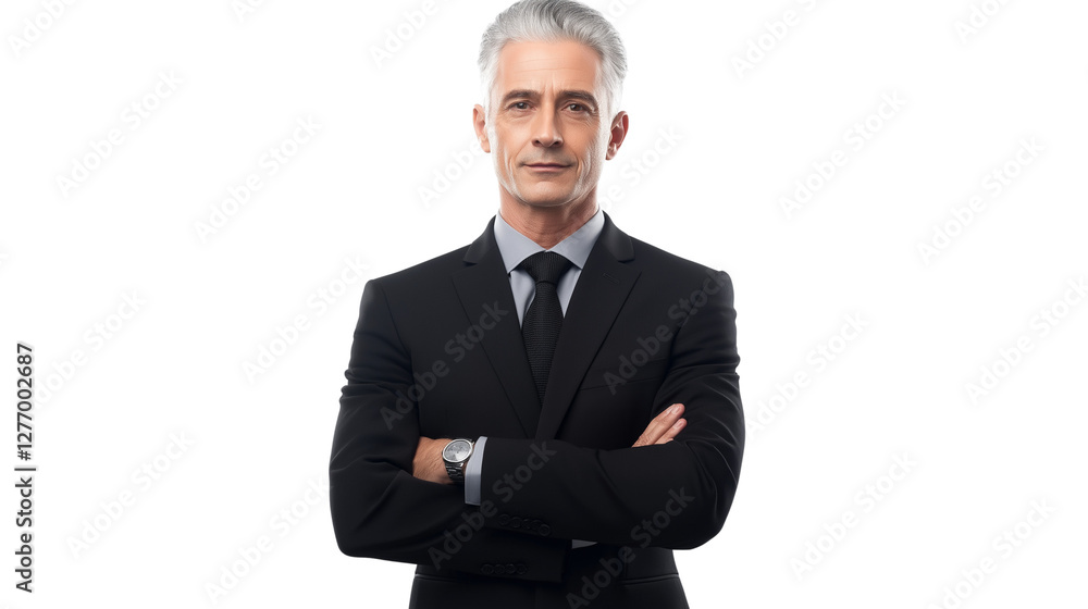 Senior CEO with silver hair, elegant black suit, direct eye contact, wise and trustworthy, high-resolution, isolated PNG Senior CEO with silver hair, elegant black suit, direct eye contact, wise and trustworthy, high-resolution, isolated PNG