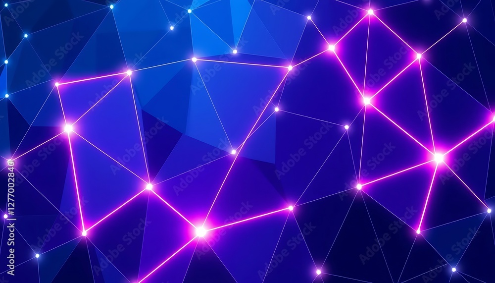 A vibrant, futuristic abstract image featuring a complex network of interconnected polygons in deep blues and illuminated by bright neon pinks and whites. ideal for technology, digital marketing, and 
