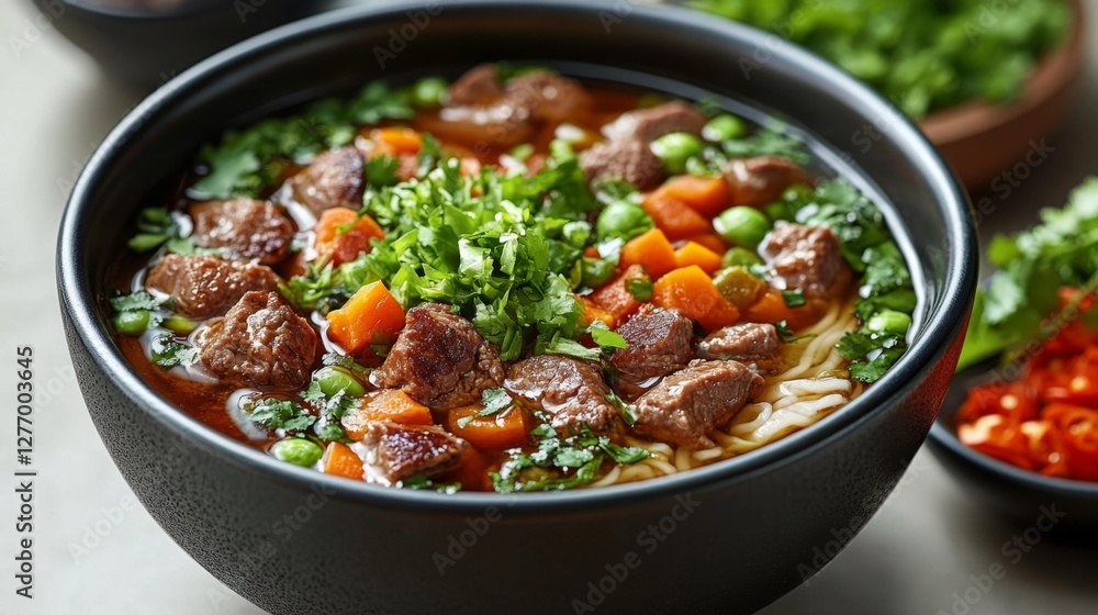 Delicious beef noodle soup with fresh herbs and vegetables. Generative AI Delicious beef noodle soup with fresh herbs and vegetables. Generative AI