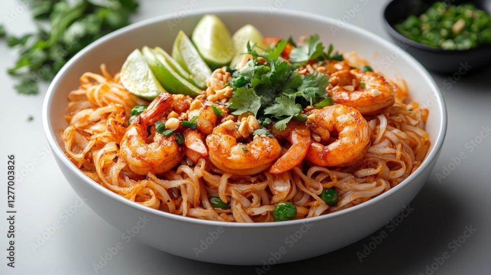Shrimp Pad Thai with Lime and Peanuts on Top. Generative AI Shrimp Pad Thai with Lime and Peanuts on Top. Generative AI