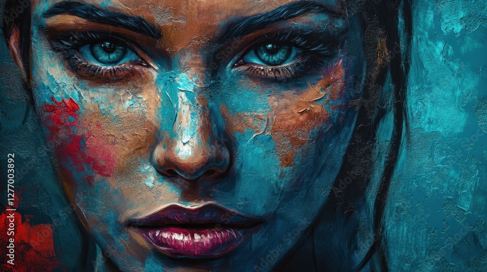 Close-up of woman's face in abstract blue and red artistic oil painting Close-up of woman's face in abstract blue and red artistic oil painting