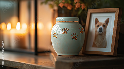 Heartwarming pet cremation urn shaped like a paw print, crafted from smooth ceramic with pastel glaze and golden paw imprints, placed beside a framed portrait in warm, gentle lighting.