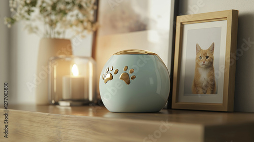 Heartwarming pet cremation urn shaped like a paw print, crafted from smooth ceramic with pastel glaze and golden paw imprints, placed beside a framed portrait in warm, gentle lighting.