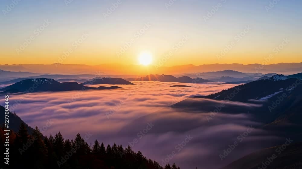 Witness the breathtaking view of a vibrant sunrise illuminating distant mountain peaks while thick clouds blanket the valleys below. Nature's beauty unfolds peacefully in this tranquil setting. Witness the breathtaking view of a vibrant sunrise illuminating distant mountain peaks while thick clouds blanket the valleys below. Nature's beauty unfolds peacefully in this tranquil setting.