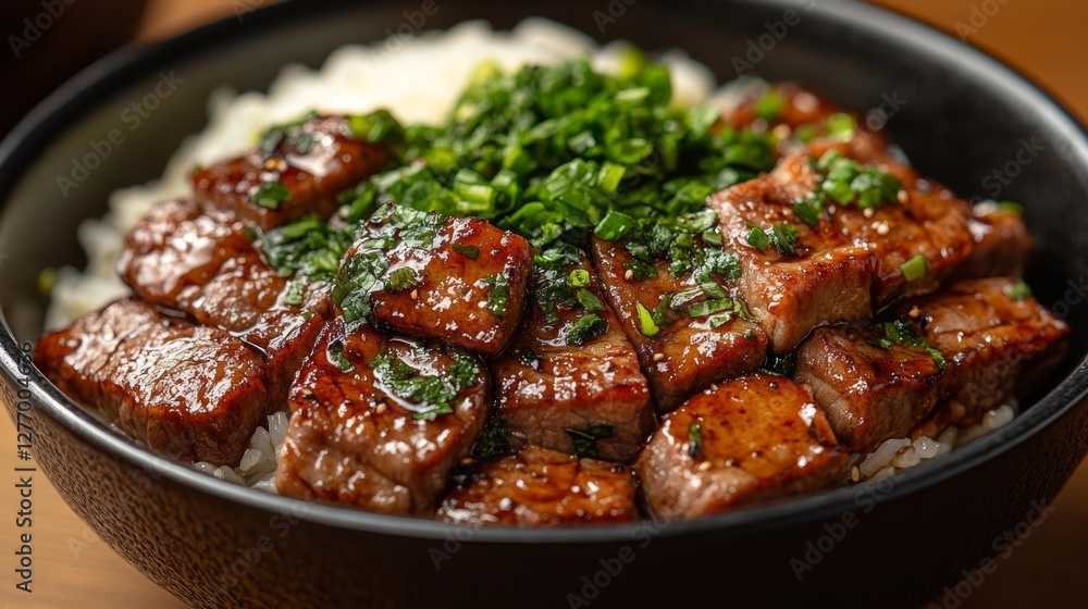Delicious Grilled Beef with Green Onions Over Rice in a Bowl. Generative AI Delicious Grilled Beef with Green Onions Over Rice in a Bowl. Generative AI