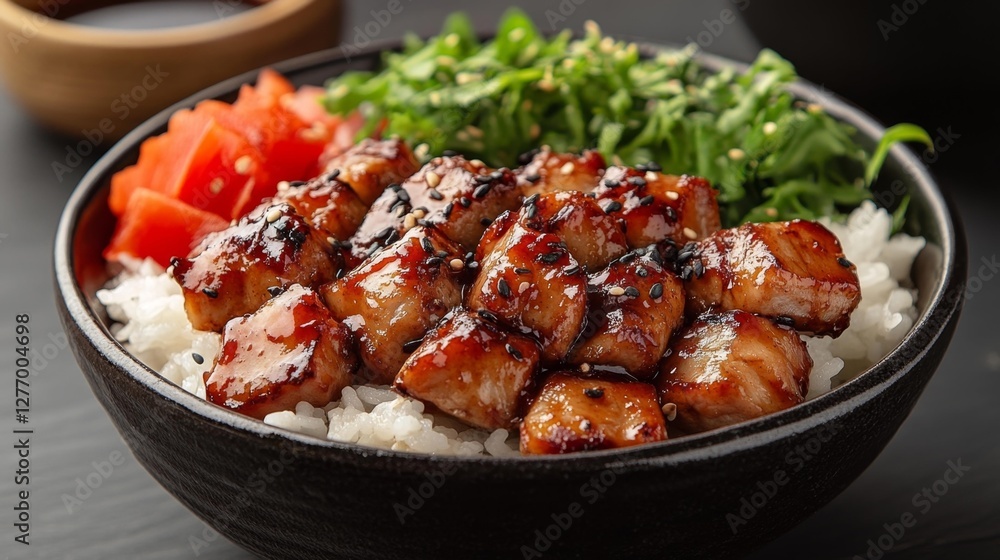 Delicious Grilled Chicken with Vegetables Over Rice in a Bowl. Generative AI Delicious Grilled Chicken with Vegetables Over Rice in a Bowl. Generative AI