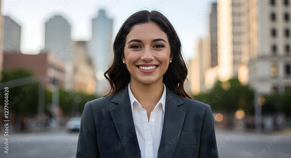 beautiful smile woman wearing a business suit, standing in the city, sunshine, with a little bit of blurred background with copy space beautiful smile woman wearing a business suit, standing in the city, sunshine, with a little bit of blurred background with copy space