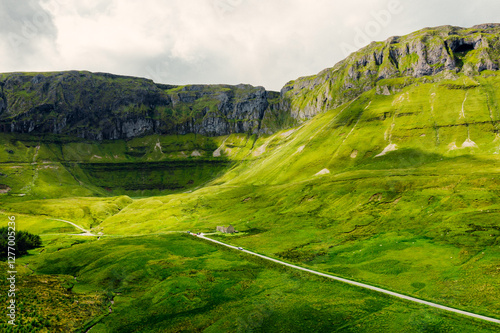 Irish Mountain Majesty: Aerial Exploration of Gleniff Horseshoe on a Sunny Day with Stunning Landscapes and Outdoor Adventures
