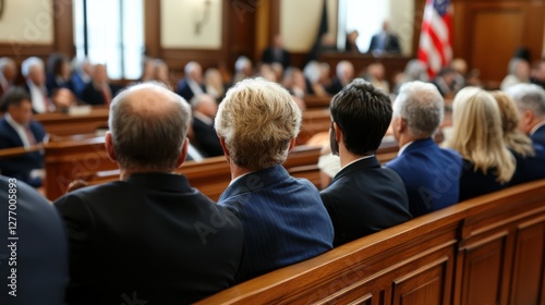 A courtroom teeming with attentive spectators, embodying the solemnity and gravity of legal proceedings. photo