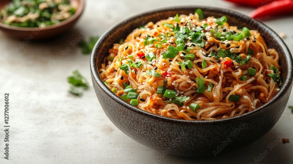 Spicy Stir-fried Noodles with Sesame Seeds and Green Onions. Generative AI Spicy Stir-fried Noodles with Sesame Seeds and Green Onions. Generative AI
