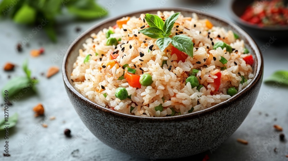 Simple and Fresh Vegetable Rice with Basil and Peas. Generative AI Simple and Fresh Vegetable Rice with Basil and Peas. Generative AI