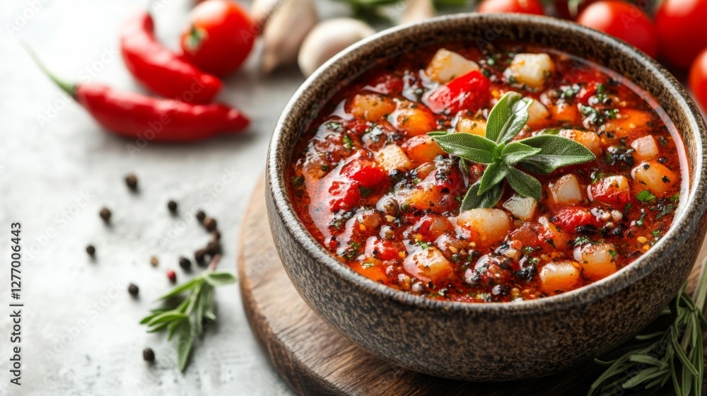 Spicy Tomato Soup with Fresh Herbs and Seasonings. Generative AI Spicy Tomato Soup with Fresh Herbs and Seasonings. Generative AI