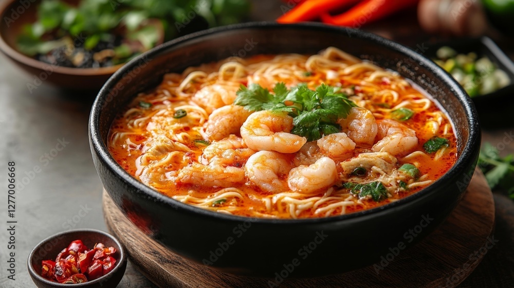 Delicious Shrimp Noodles in a Flavorful Broth with Fresh Herbs and Spices. Generative AI Delicious Shrimp Noodles in a Flavorful Broth with Fresh Herbs and Spices. Generative AI