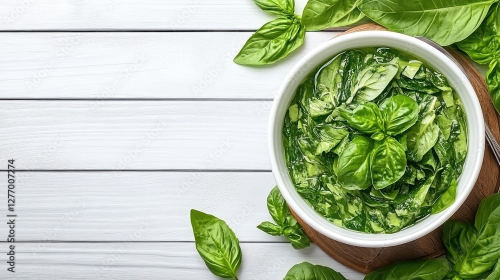 Obraz premium Basil pesto in bowl on wooden board. Fresh green background. Culinary herb ingredient, recipe use
