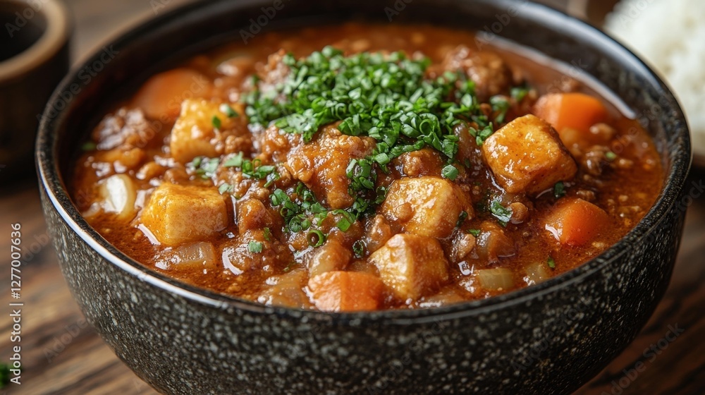 Delicious Japanese Curry with Fresh Chopped Chives and Vegetables. Generative AI Delicious Japanese Curry with Fresh Chopped Chives and Vegetables. Generative AI