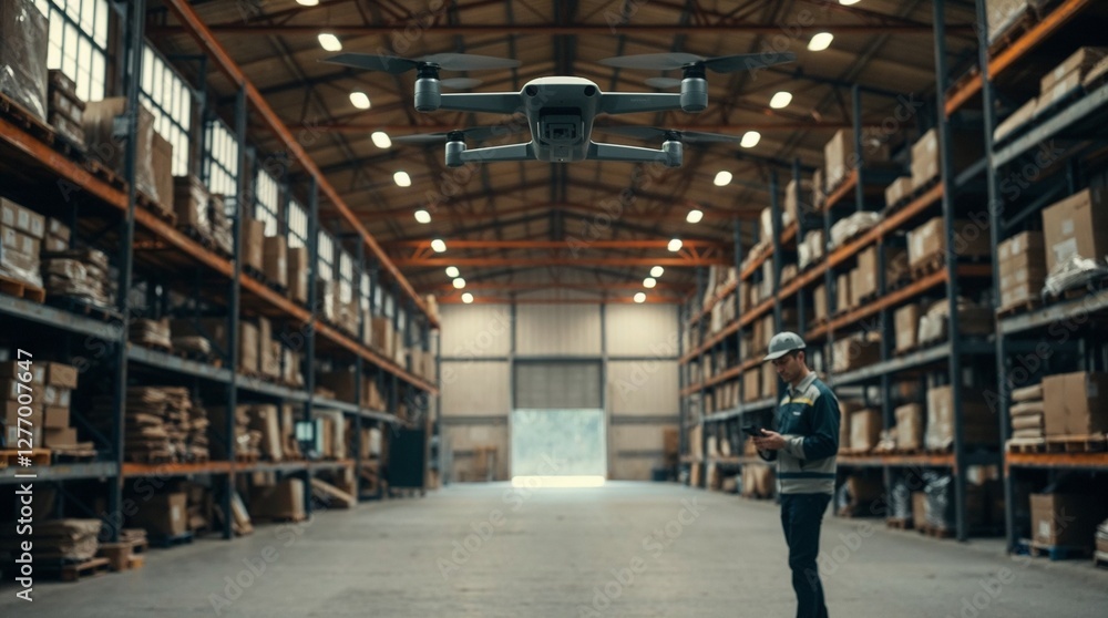 illustration of a warehouse, drone, and worker using a tablet for inventory management. Charming features, playful style. illustration of a warehouse, drone, and worker using a tablet for inventory management. Charming features, playful style.
