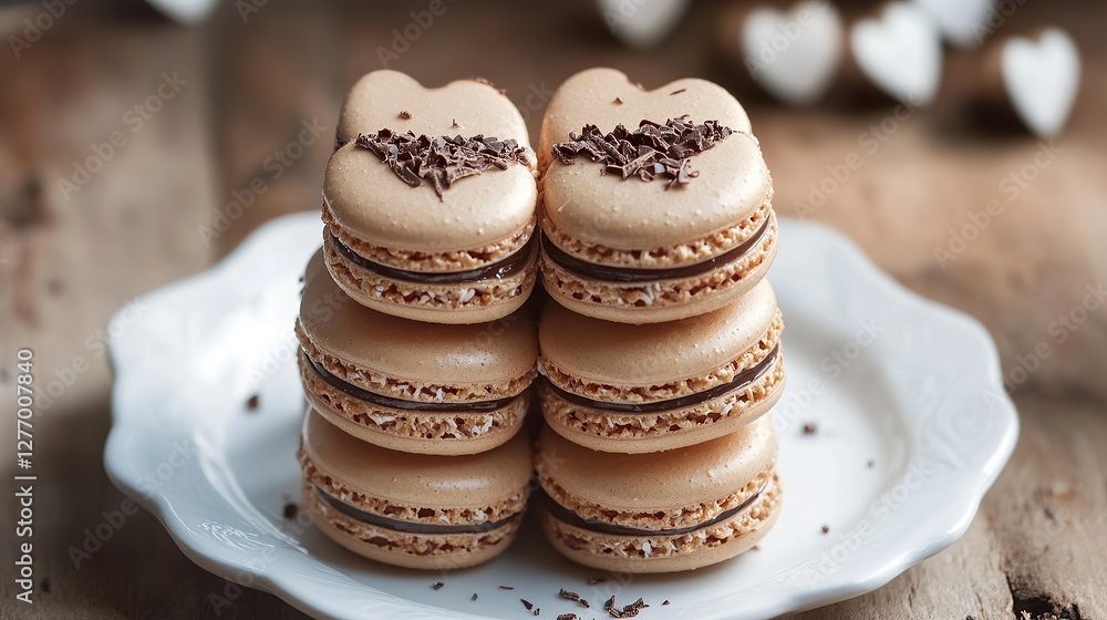 Heart-shaped coconut macarons stacked neatly on a white porcelain plate Heart-shaped coconut macarons stacked neatly on a white porcelain plate