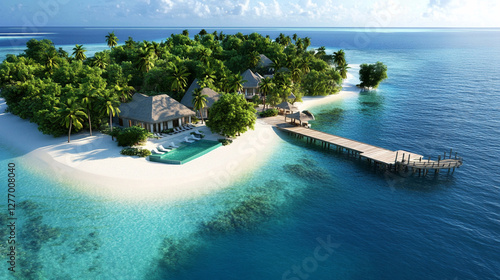 Luxury private island resort with wooden pier in tropical paradise. Aerial view of exotic island villa with crystal clear waters