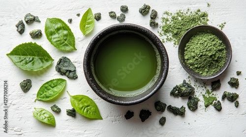 Matcha Green Tea with Powder Leaves and Green Tea. Generative AI photo