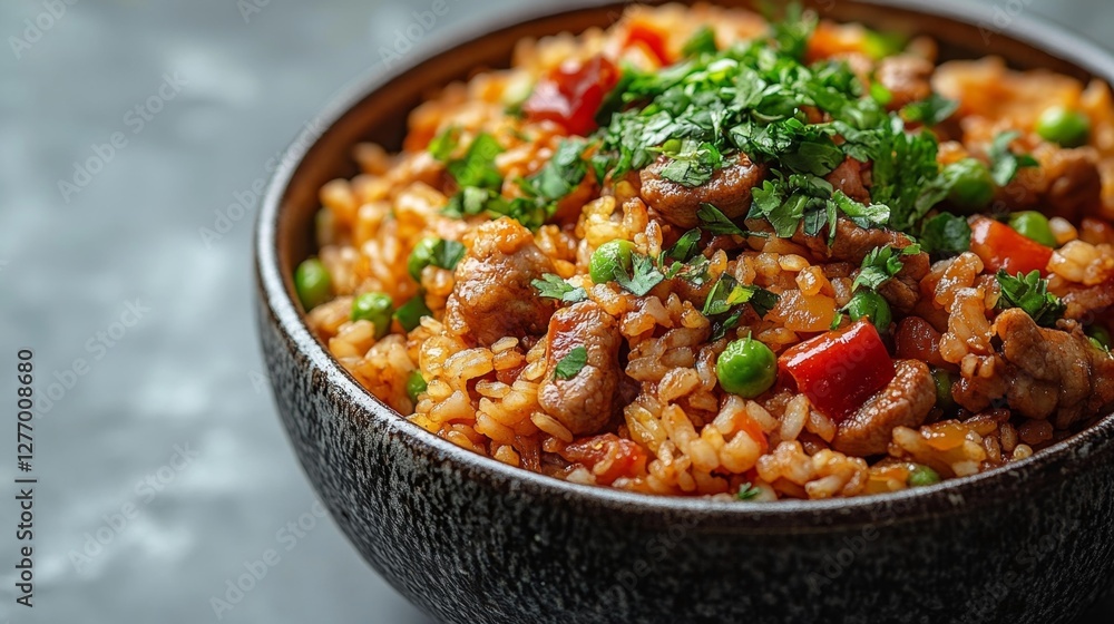 Fried Rice with Pork Vegetables and Fresh Coriander in a Bowl. Generative AI Fried Rice with Pork Vegetables and Fresh Coriander in a Bowl. Generative AI